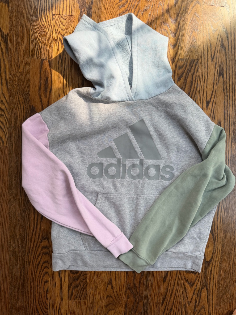 adidas Gray Cropped Girl’s Sweater Hoodie with Pastel Pink, Blue & Green Sleeves